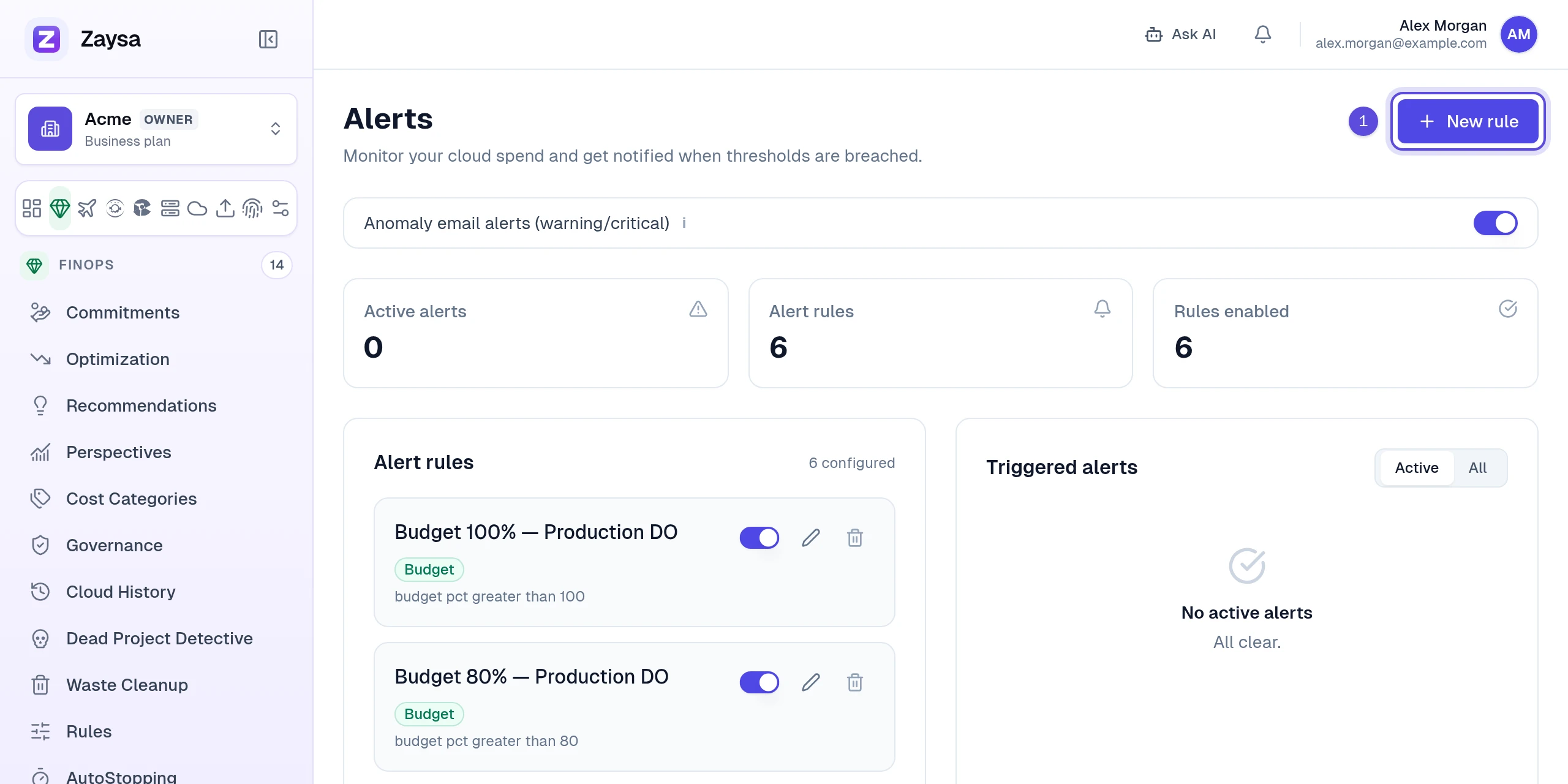 Alerts page with New rule marked 1