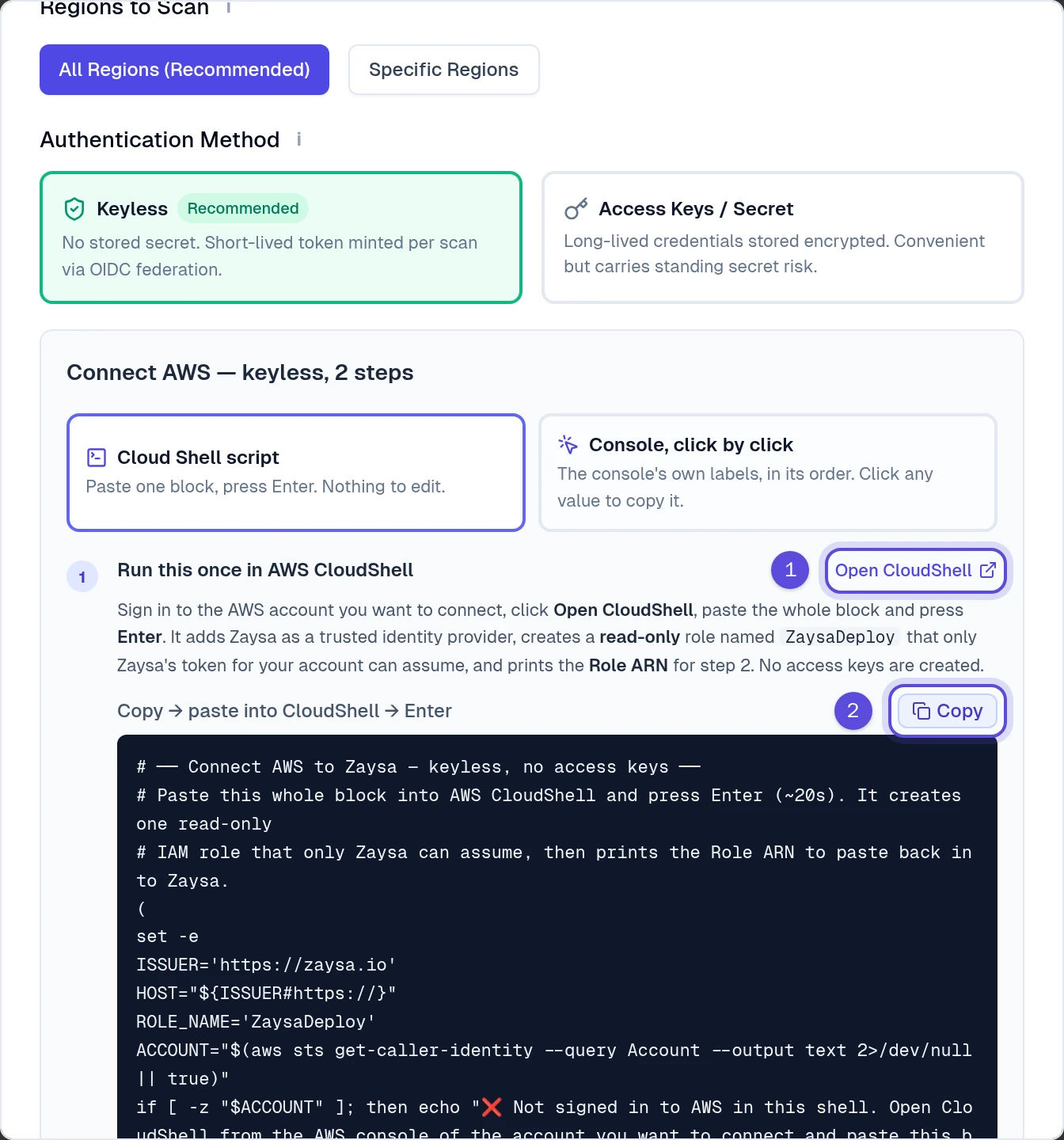 The CloudShell script step with the Open CloudShell link and the Copy button