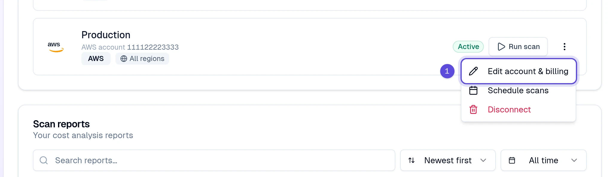 Edit account and billing menu item marked 1
