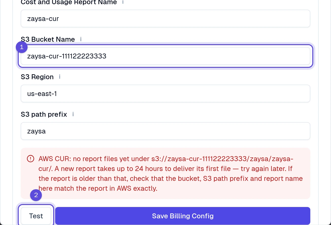 S3 Bucket Name marked 1 and Test marked 2