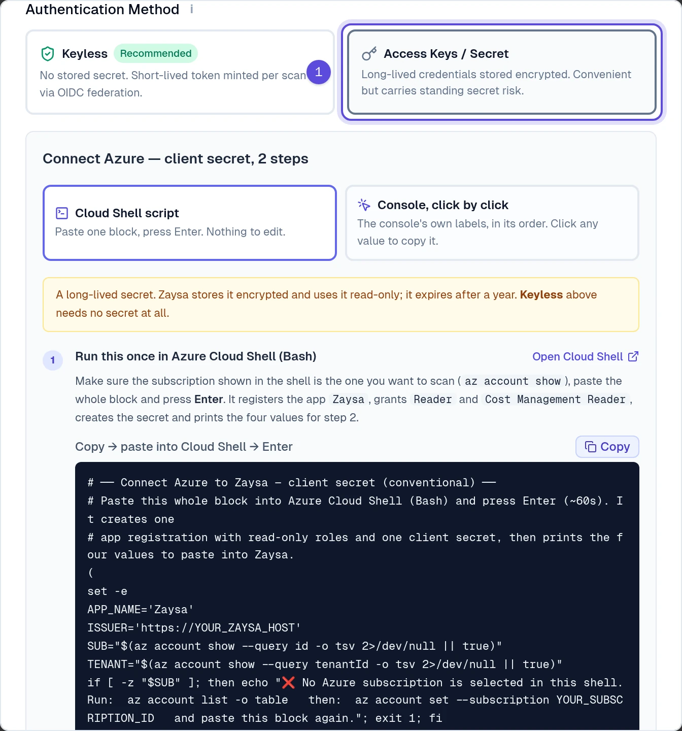 The Access Keys or Secret choice and Azure client-secret guide