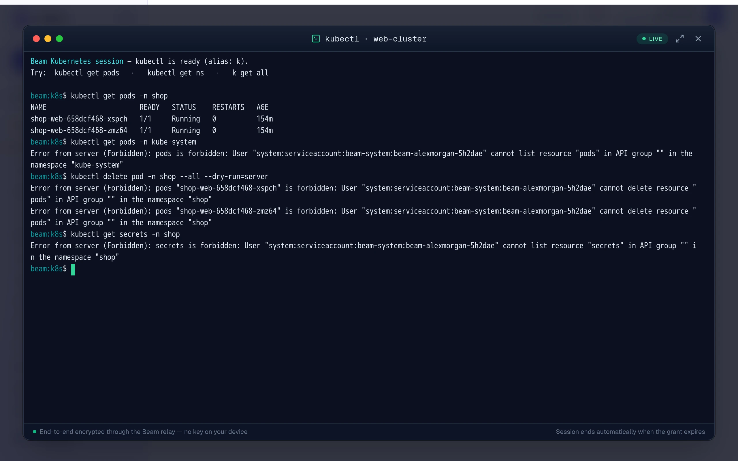 Browser terminal: kubectl get pods in shop works; kube-system, delete and secrets are Forbidden