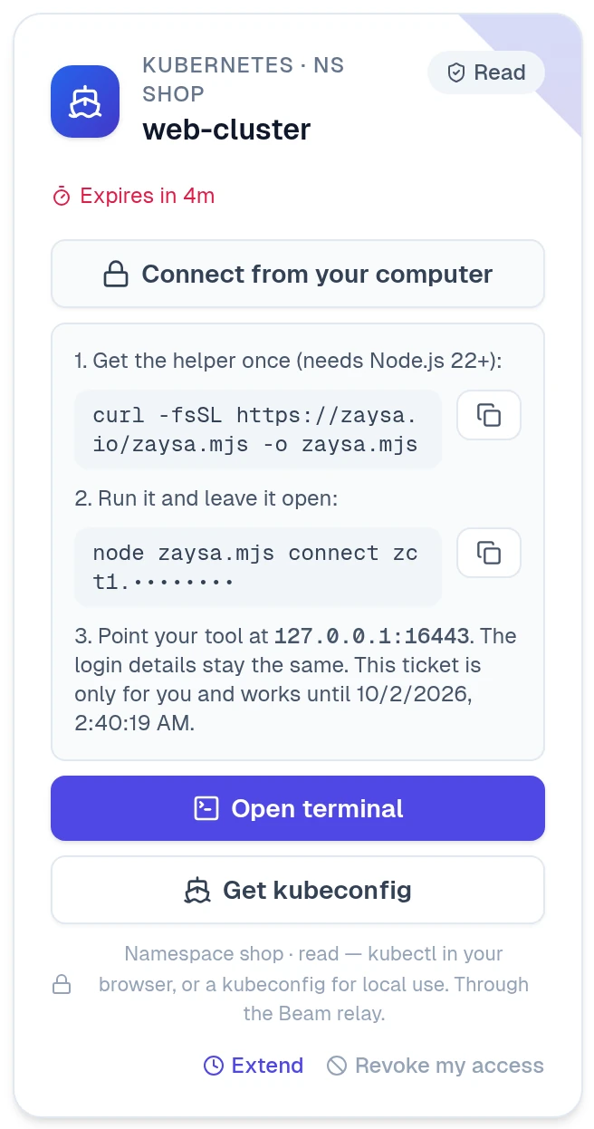 The grant card with Connect from your computer open: get the helper, run it, point your tool at the address