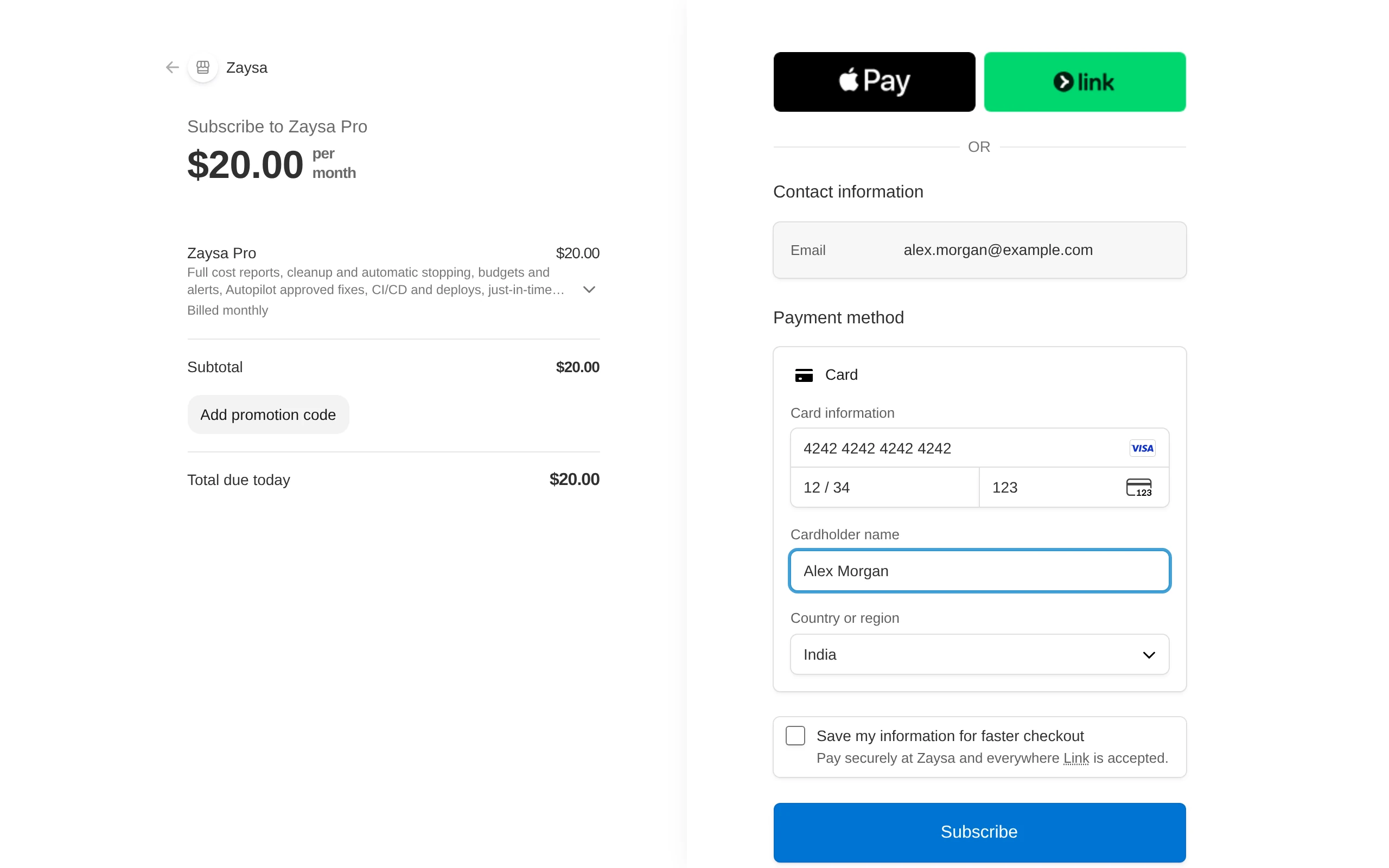 Stripe Checkout: Subscribe to Zaysa Pro, monthly, with the card form and the Subscribe button