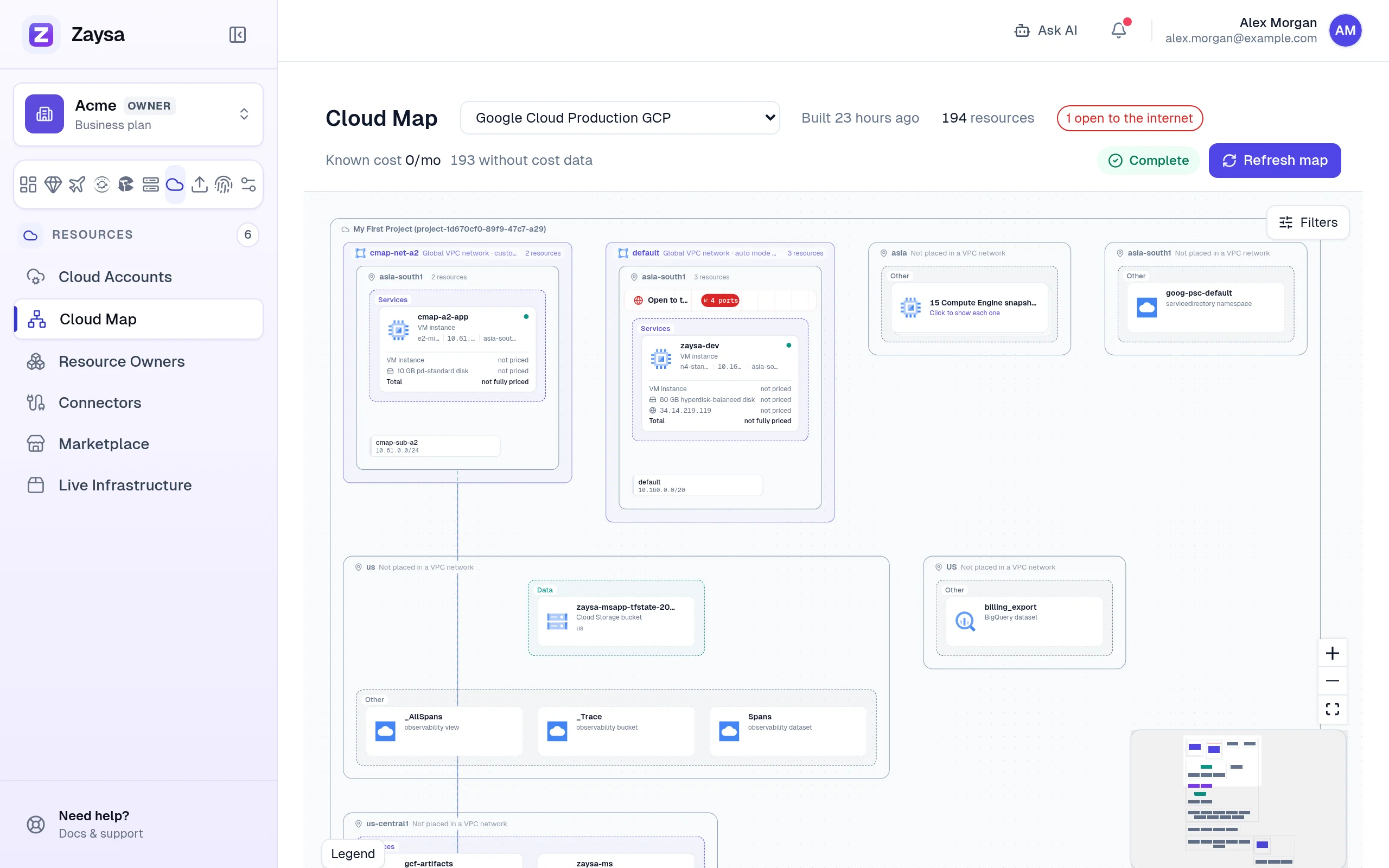 Cloud Map drawing one Google Cloud project as a box, with its networks, regions and a server open to the internet