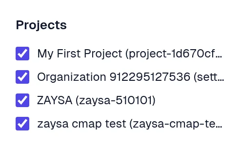 The Projects list in the Cloud Map filters, one checkbox per project