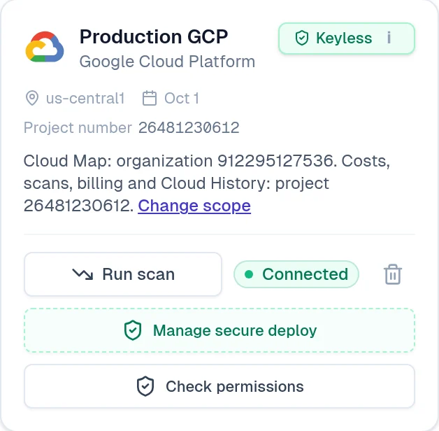A Google Cloud account card showing its Cloud Map scope, an organization, with a Change scope link