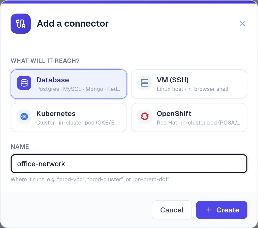 The Add a connector window with Database selected, the name office-network and the Create button