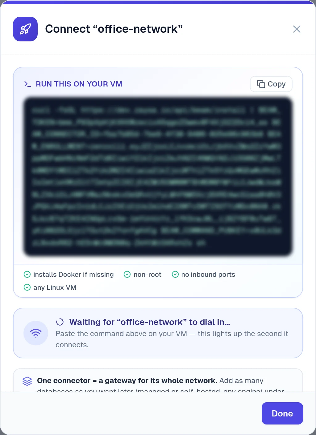 The Connect office-network window with the Run this on your VM command (blurred here), the Copy button and Waiting to dial in