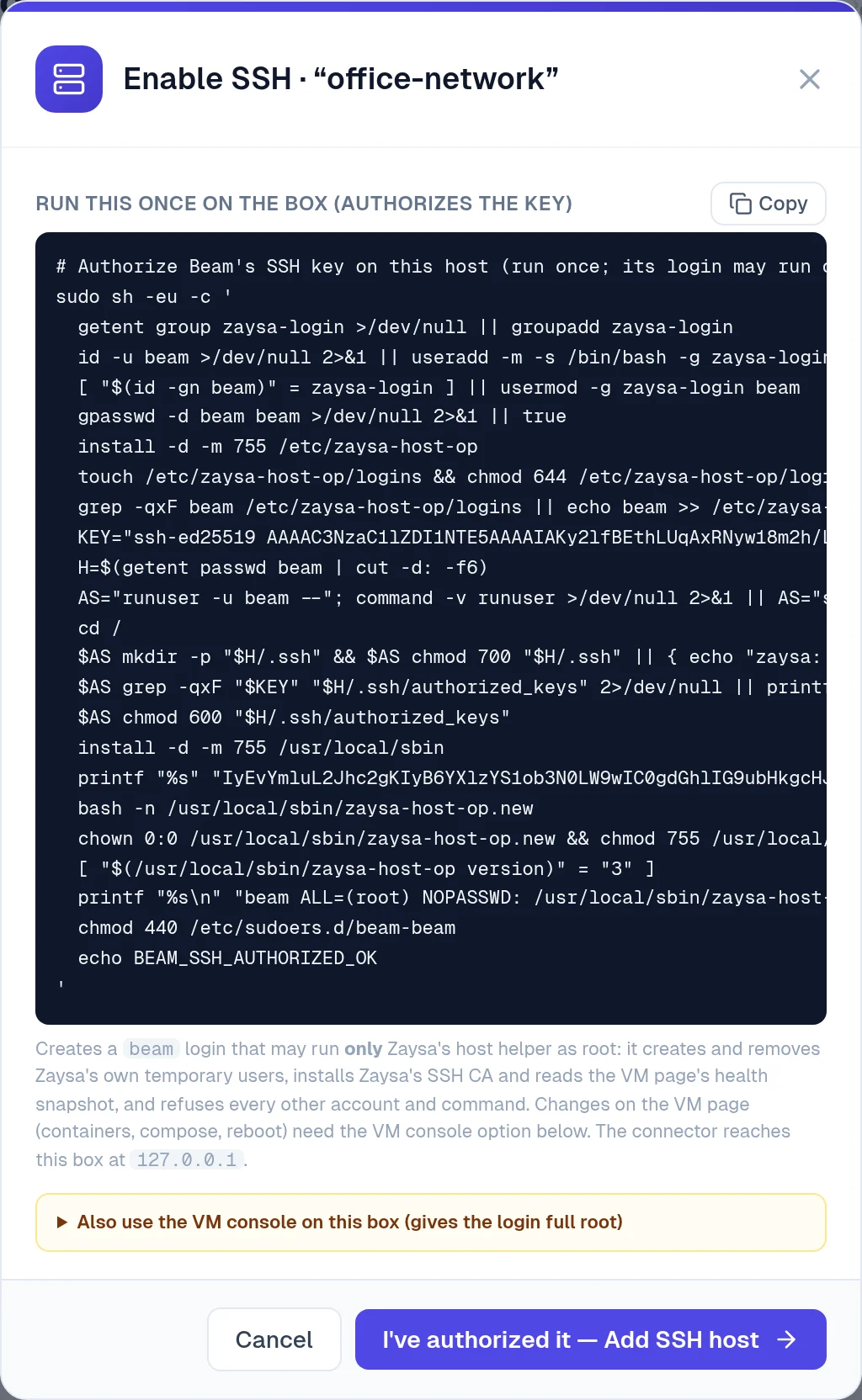 The Enable SSH window with the authorize line, the explanation of the beam login and the I've authorized it, Add SSH host button