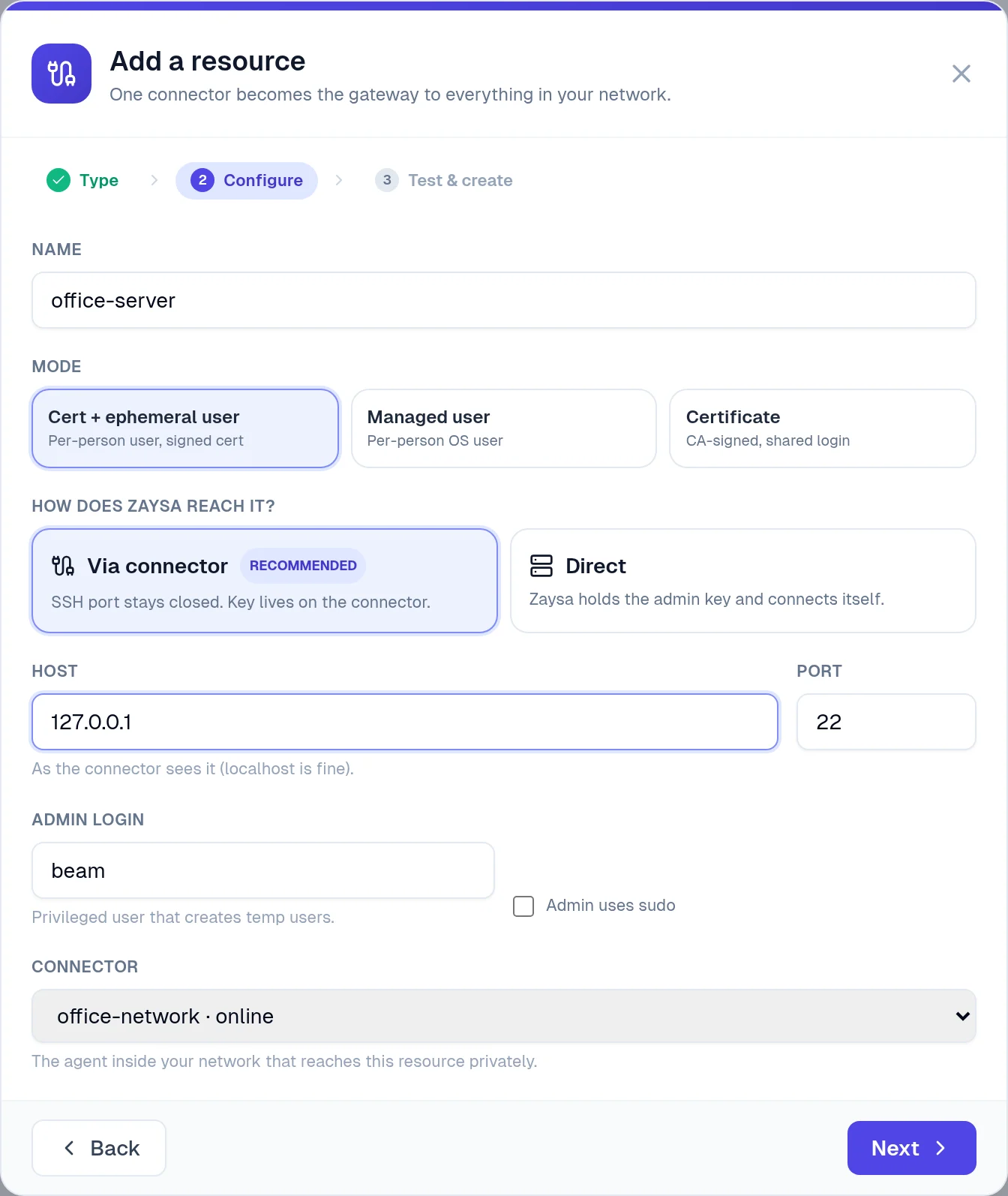The Add a resource window for a server: name office-server, Cert plus ephemeral user, Via connector, host 127.0.0.1, admin login beam