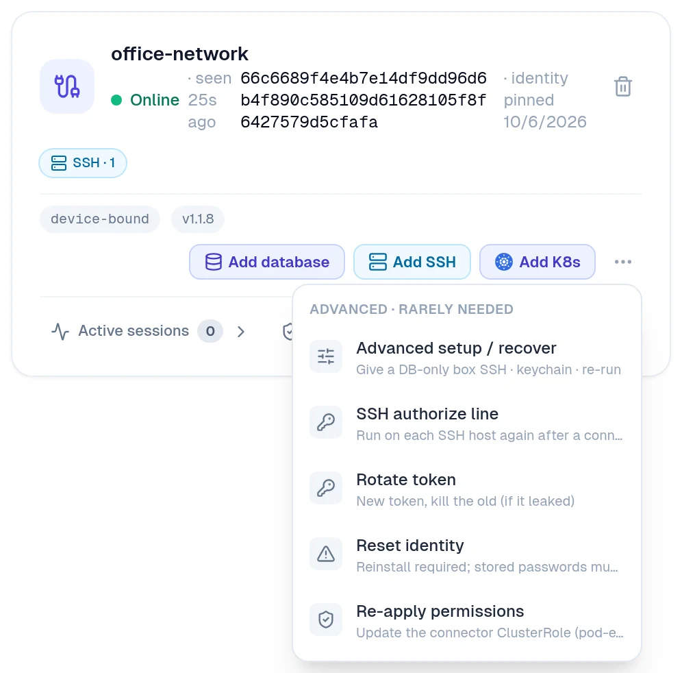 The connector card's Advanced menu with SSH authorize line, Run on each SSH host again after a connector update