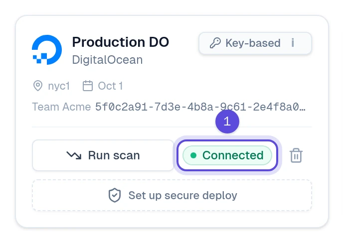 The connected DigitalOcean account card showing Key-based, Connected, region and team