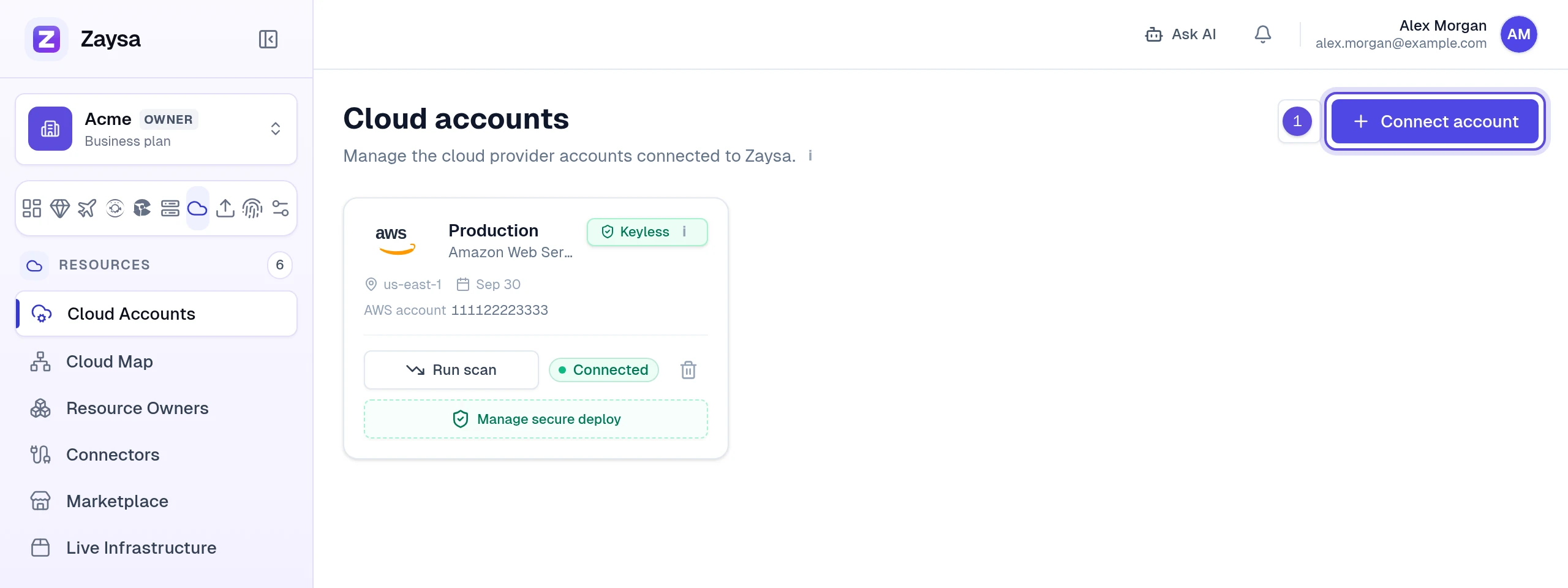 The Cloud accounts page with the Connect account button marked 1