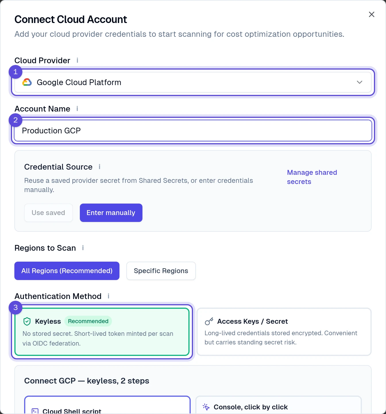 The connection window showing Google Cloud Platform, a project name, Keyless and All Regions