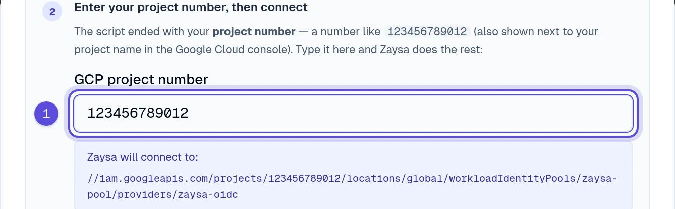 The GCP project number field marked 1 and the generated Workload Identity provider path