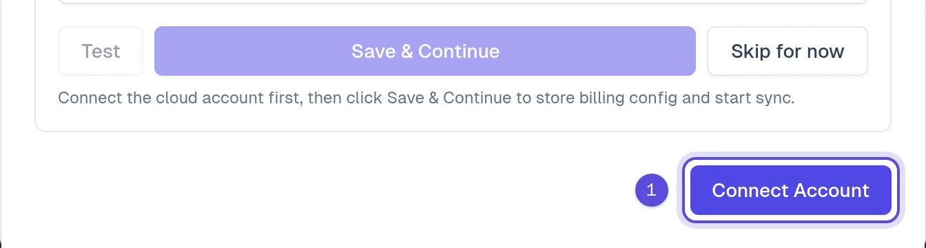 The Connect Account button marked 1 at the bottom of the Google Cloud connection window