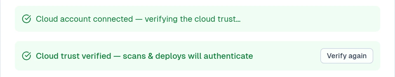 The successful Google Cloud trust verification message with the Verify again button