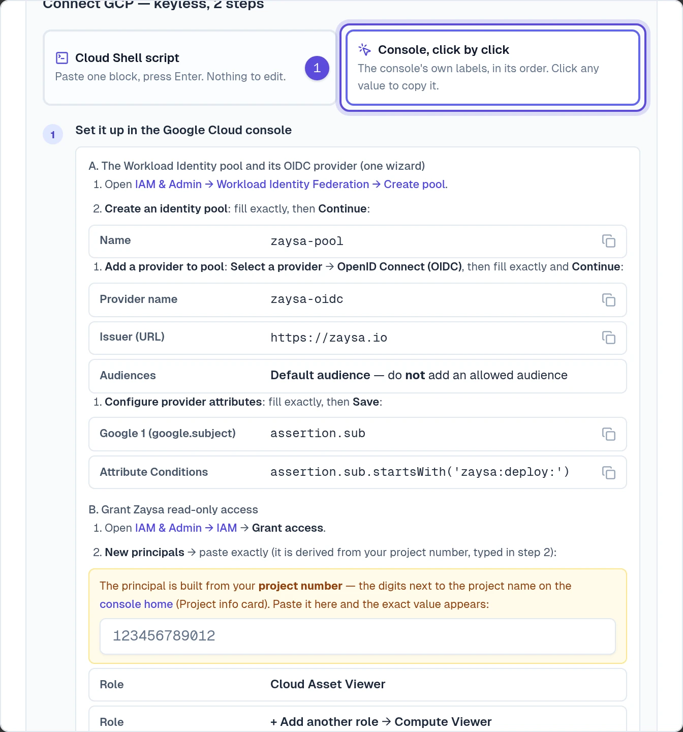 Google Cloud keyless console choice marked 1