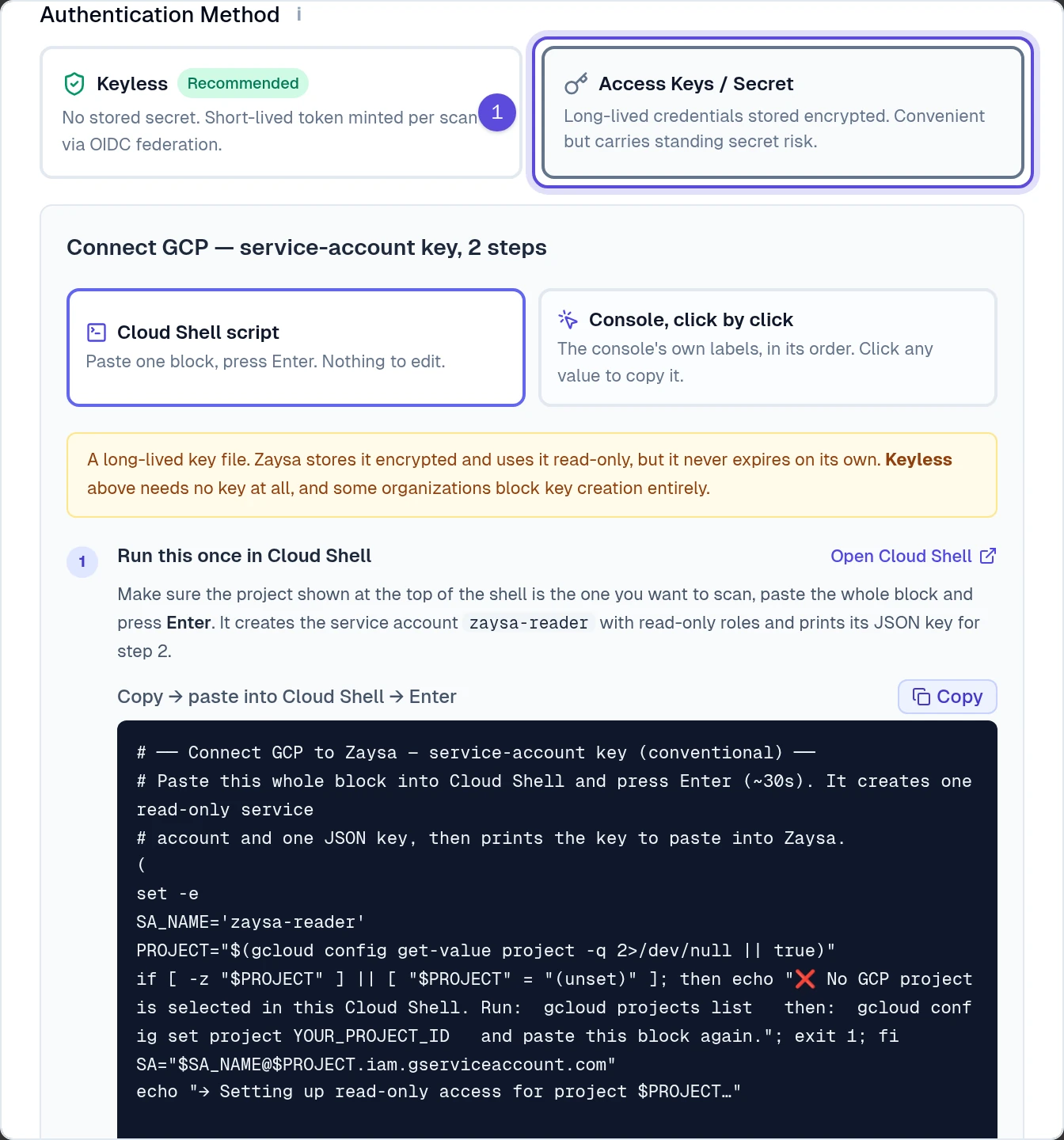 Google Cloud Access Keys or Secret choice marked 1
