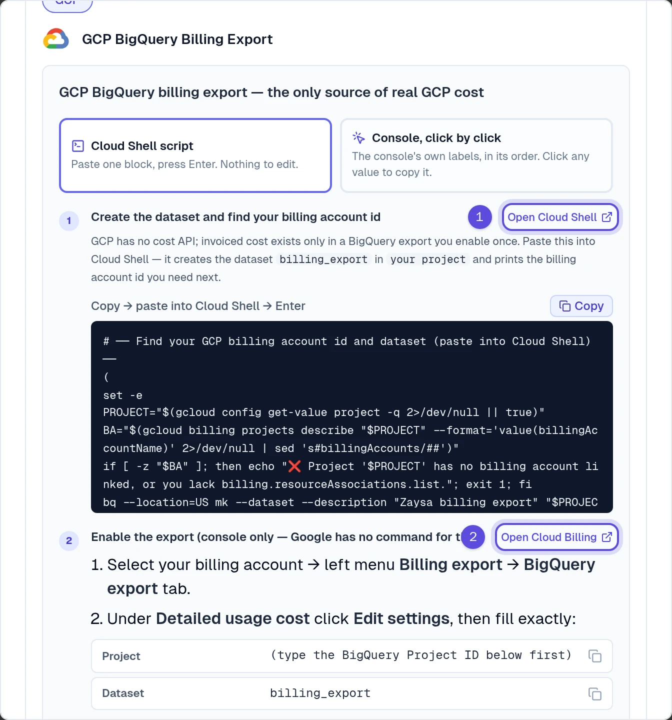 Google Cloud billing export with Open Cloud Shell marked 1 and Open Cloud Billing marked 2