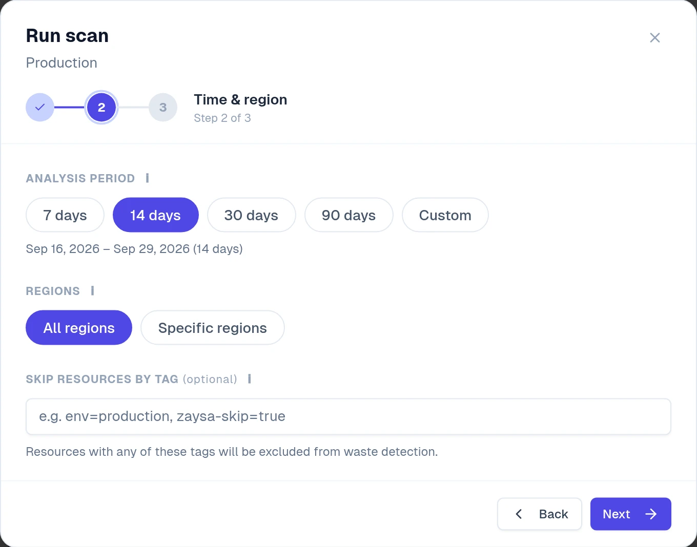 Scan settings step 2 of 3: analysis period, regions and tags to skip