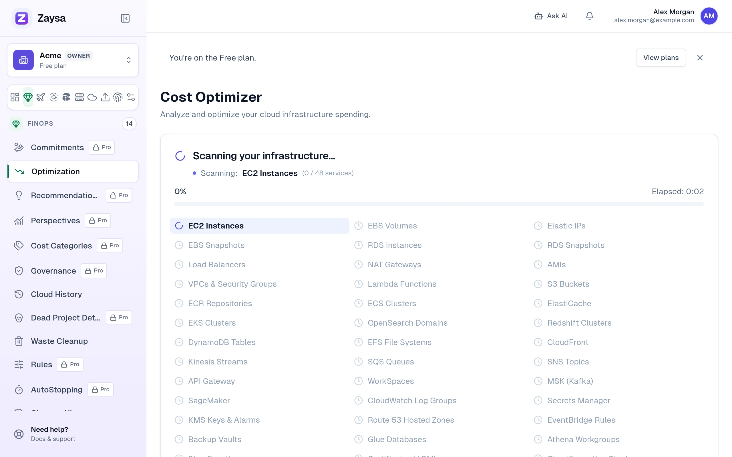 The Cost Optimizer page while a scan runs, with the progress for each AWS service