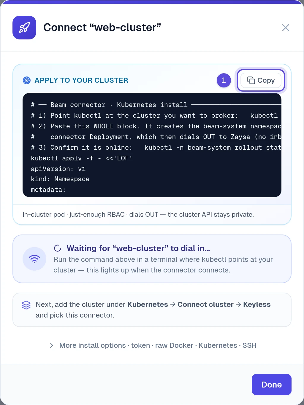 The Connect web-cluster window with the Apply to your cluster block and the Copy button