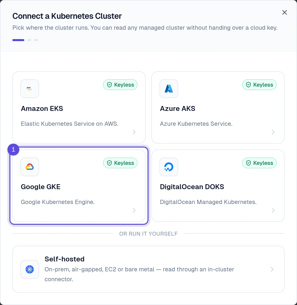 Connect a Kubernetes Cluster window with Google GKE selected