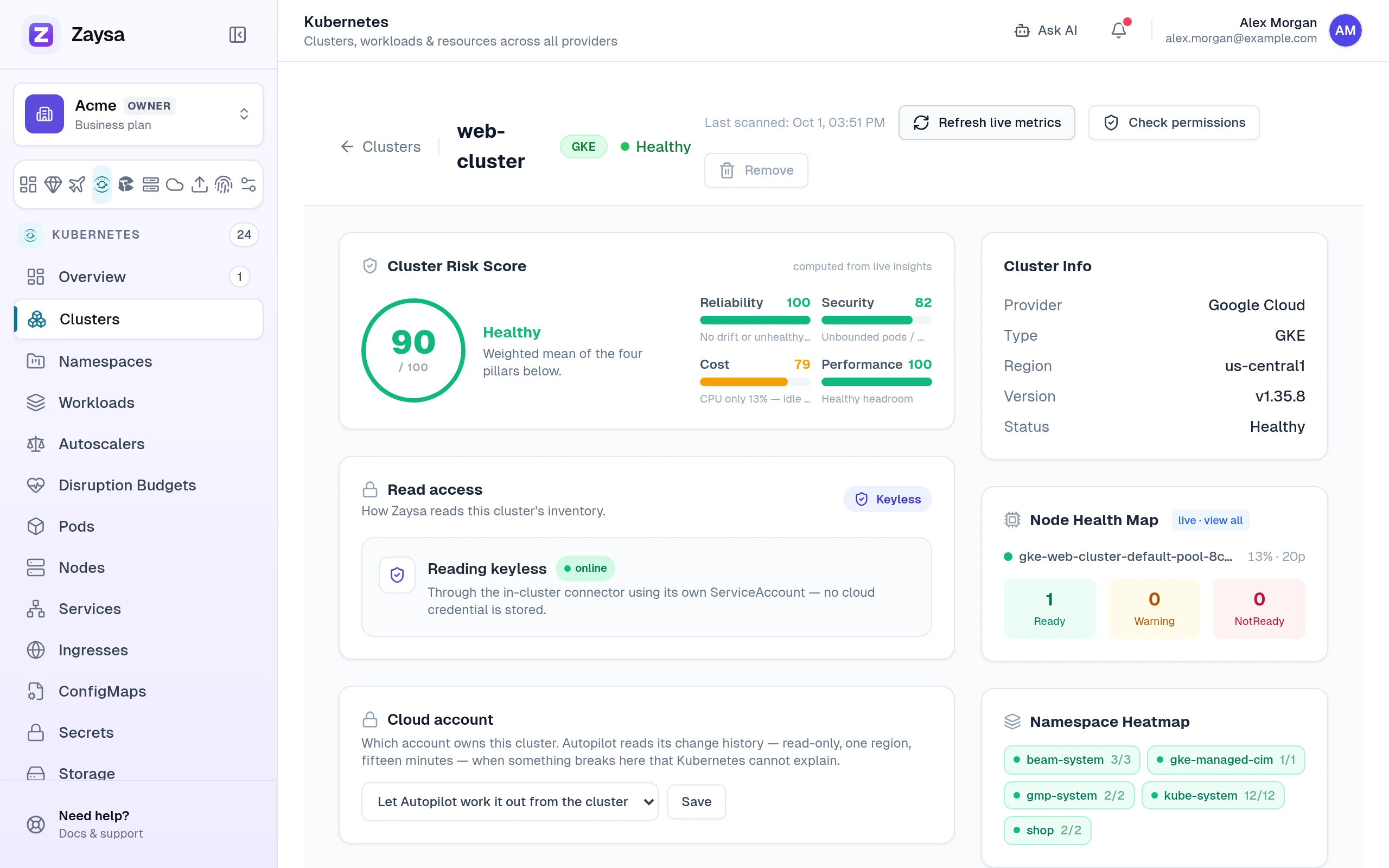 The web-cluster page with the risk score, Reading keyless online, cluster info and node health