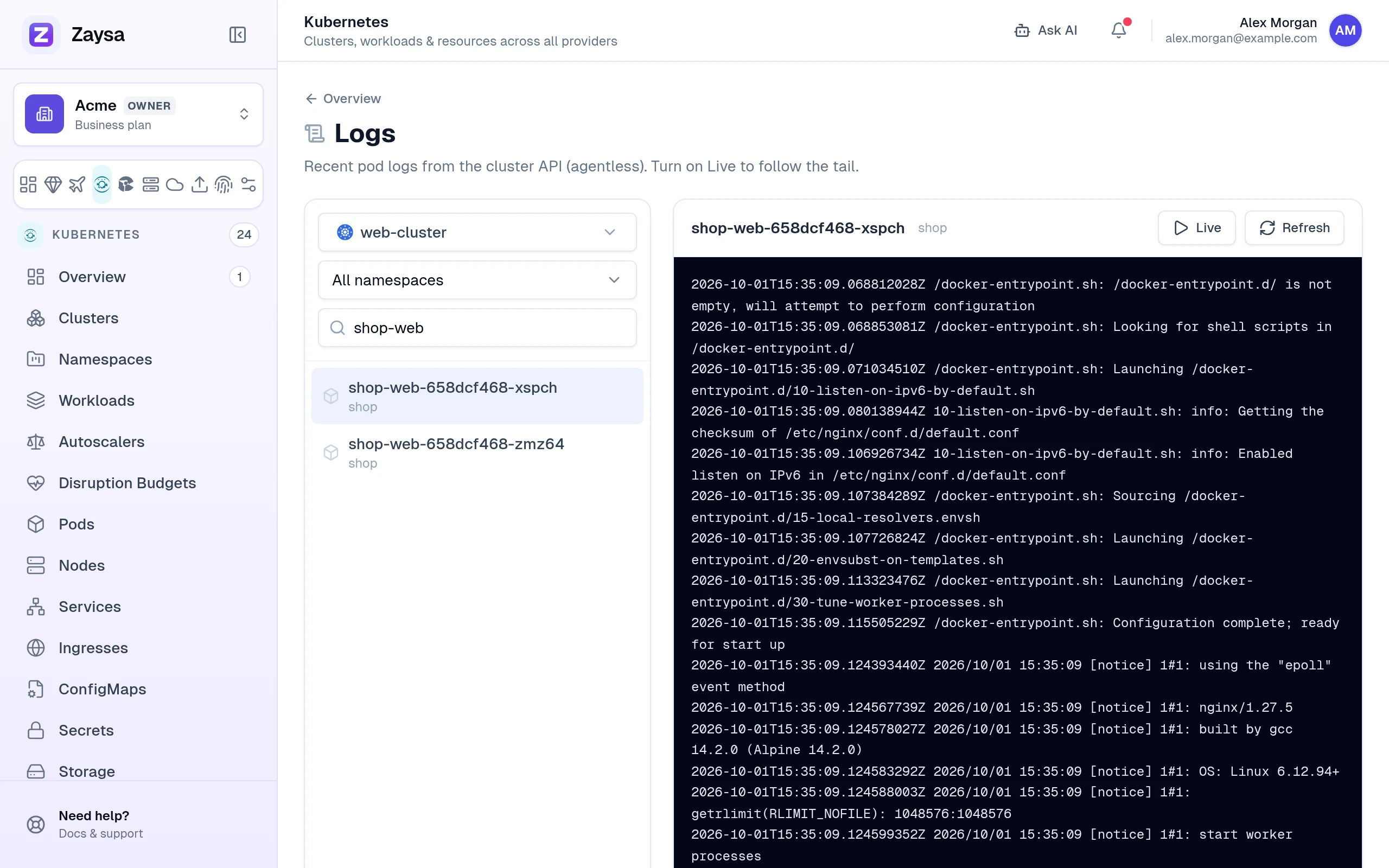 Logs page with web-cluster selected, the shop-web pods listed and nginx log lines
