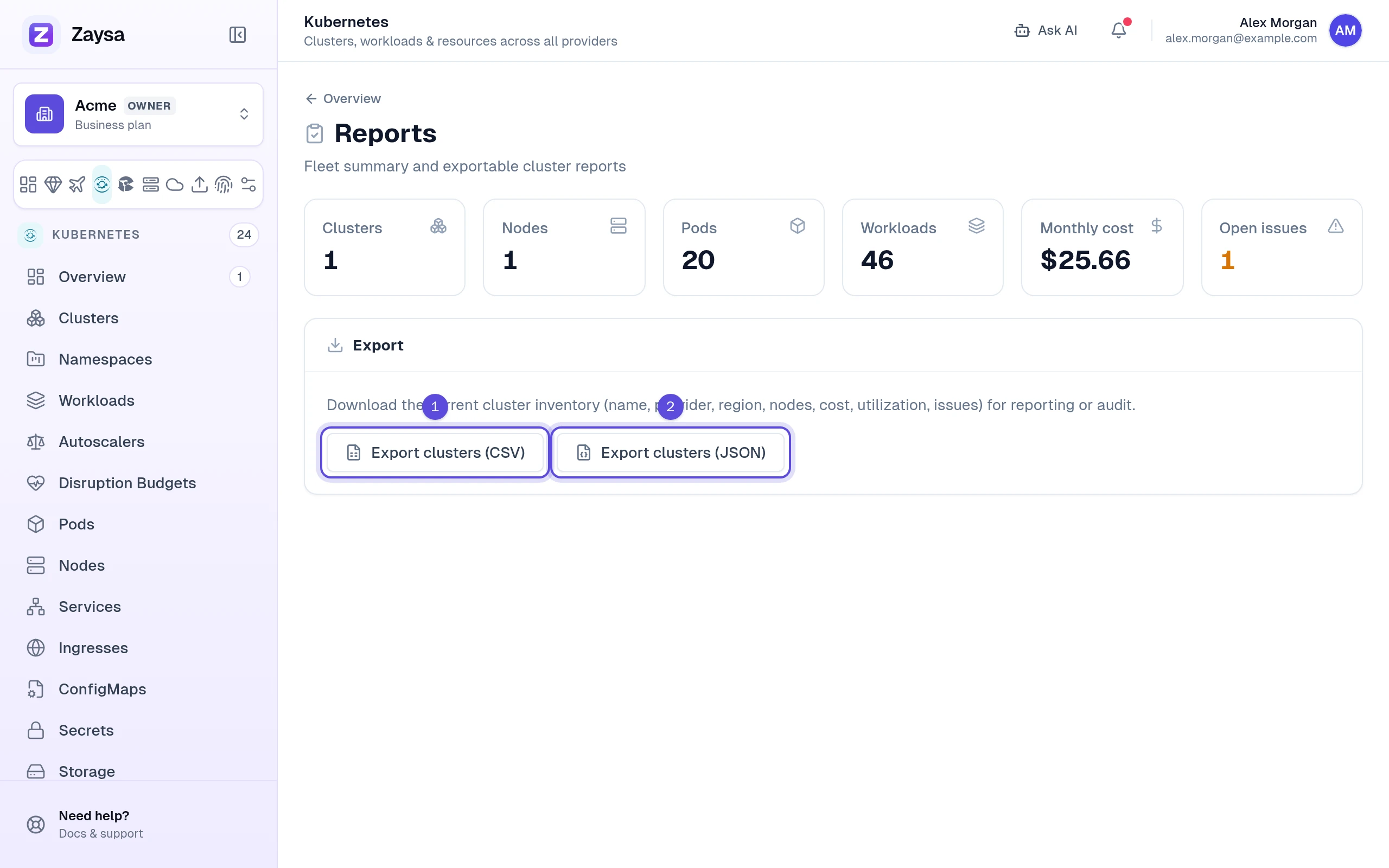 Reports page with the Export clusters CSV and JSON buttons