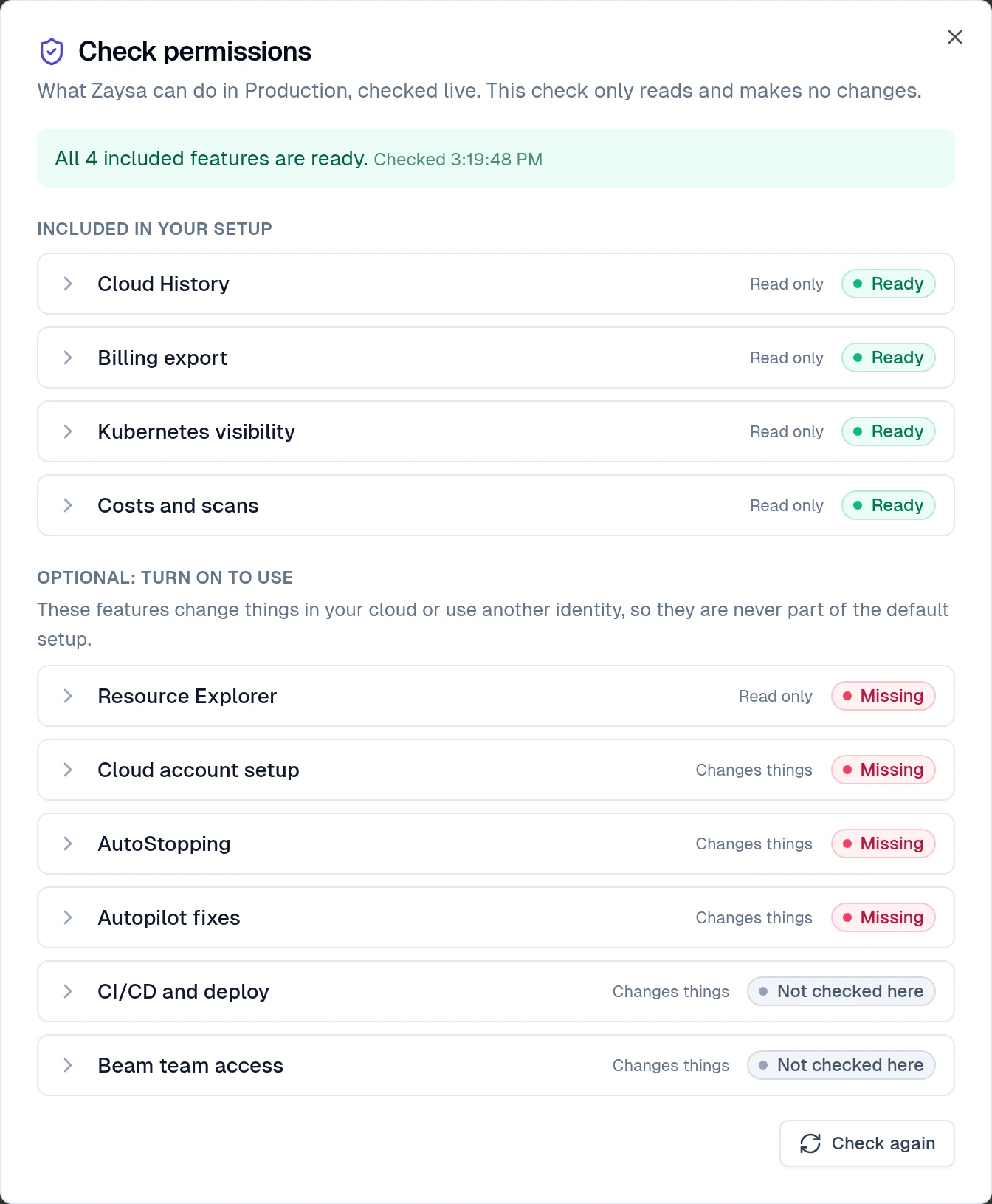 Check permissions window for AWS Production, with included and optional features