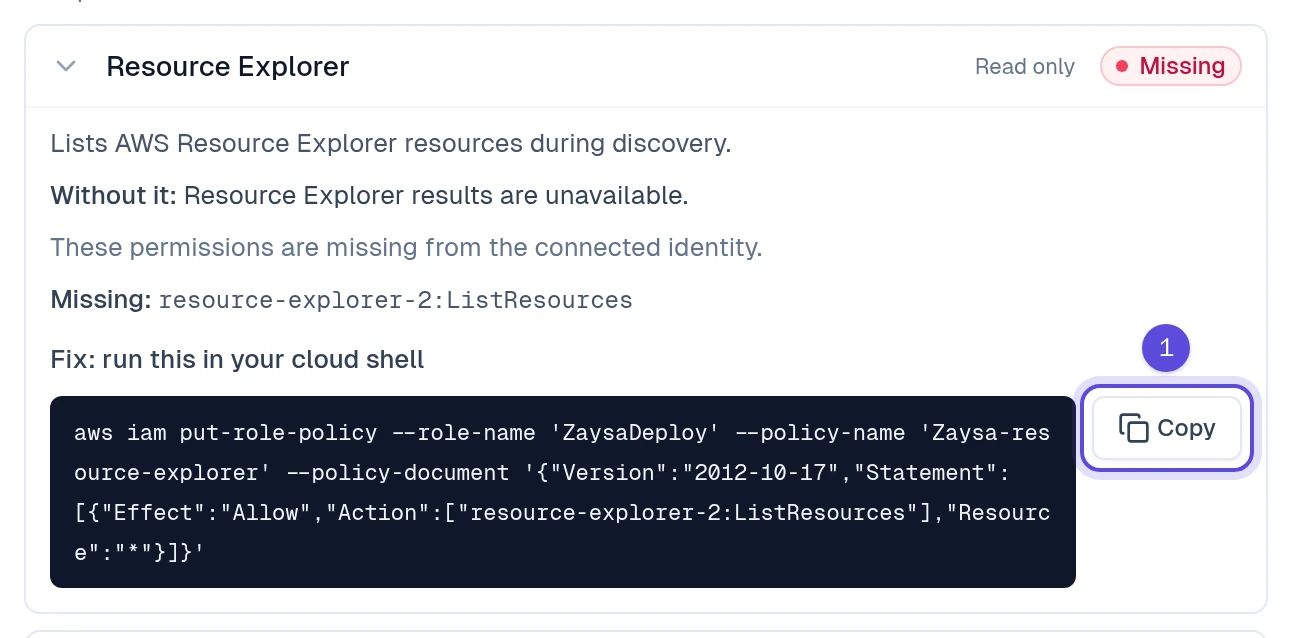 Resource Explorer missing permission and fix command, with Copy marked 1