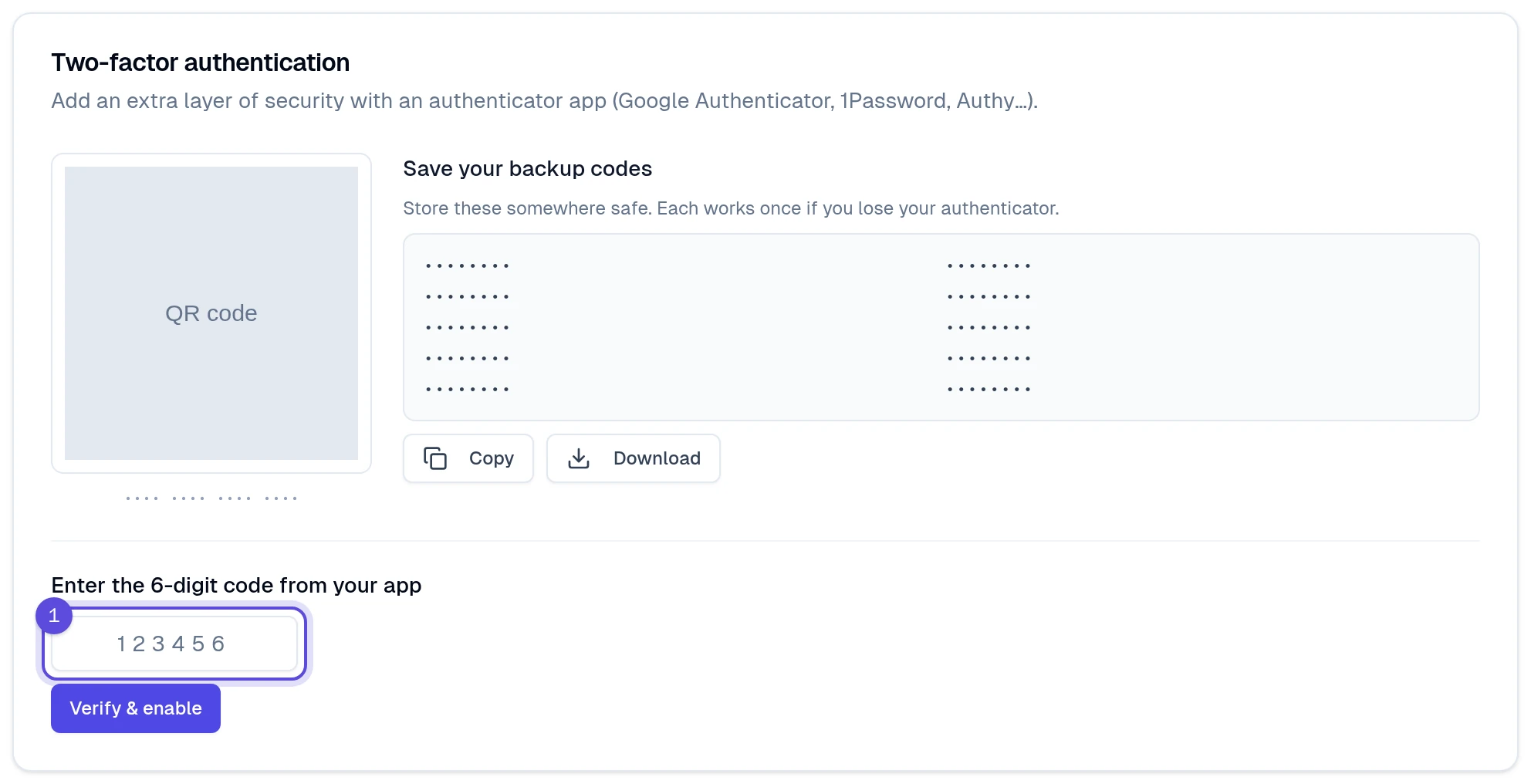 Two-factor setup with the QR code, backup codes, Copy and Download, and the code field marked 1