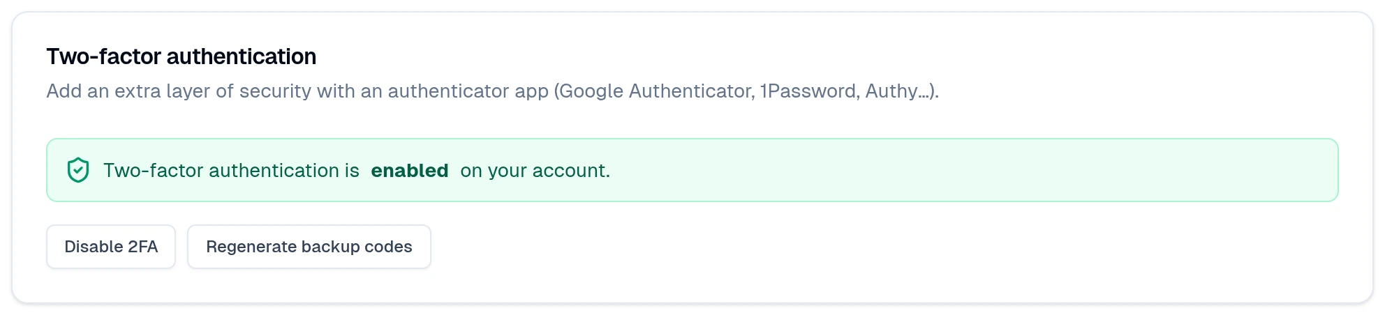 Two-factor authentication is enabled on your account, with Disable 2FA and Regenerate backup codes