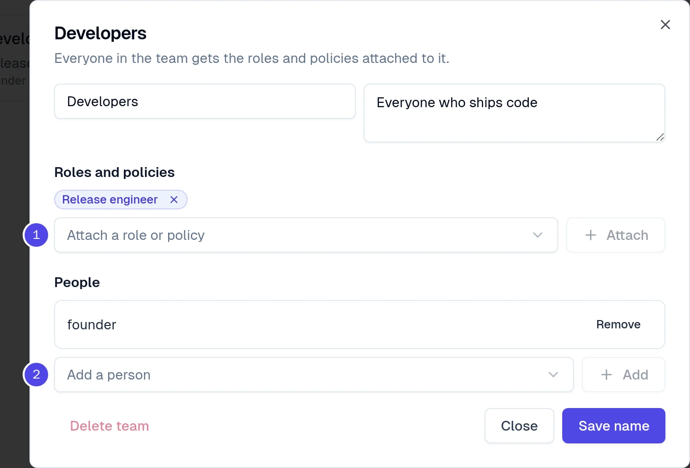 Team Developers with the role Release engineer attached and one person in it