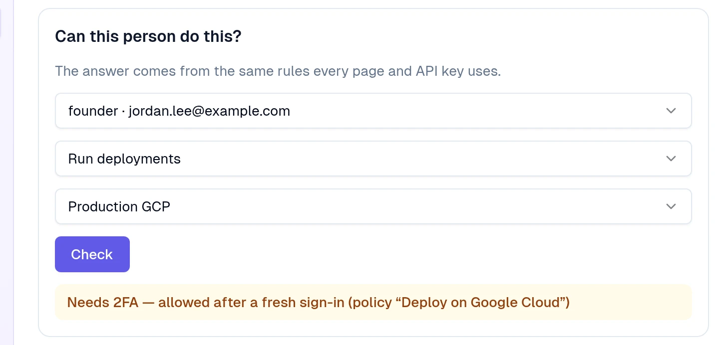 Check access: Run deployments on Production GCP for the Member says Needs 2FA, allowed after a fresh sign-in, policy Deploy on Google Cloud