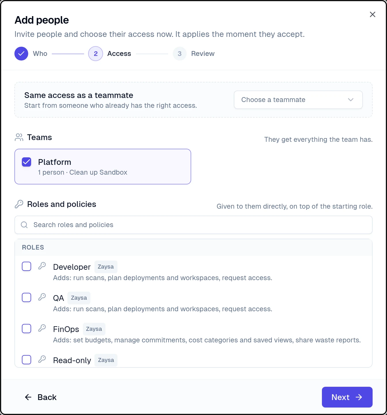 Add people, step Access: the Platform team ticked and the list of roles and policies