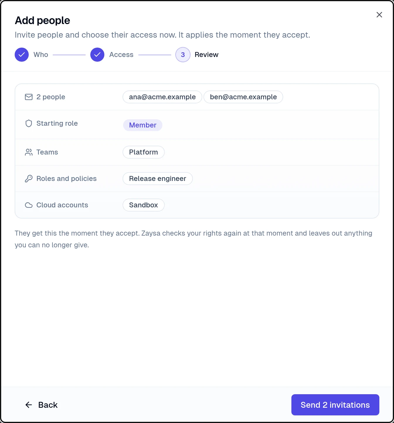 Add people, step Review: two people, Member, team Platform, role Release engineer, account Sandbox