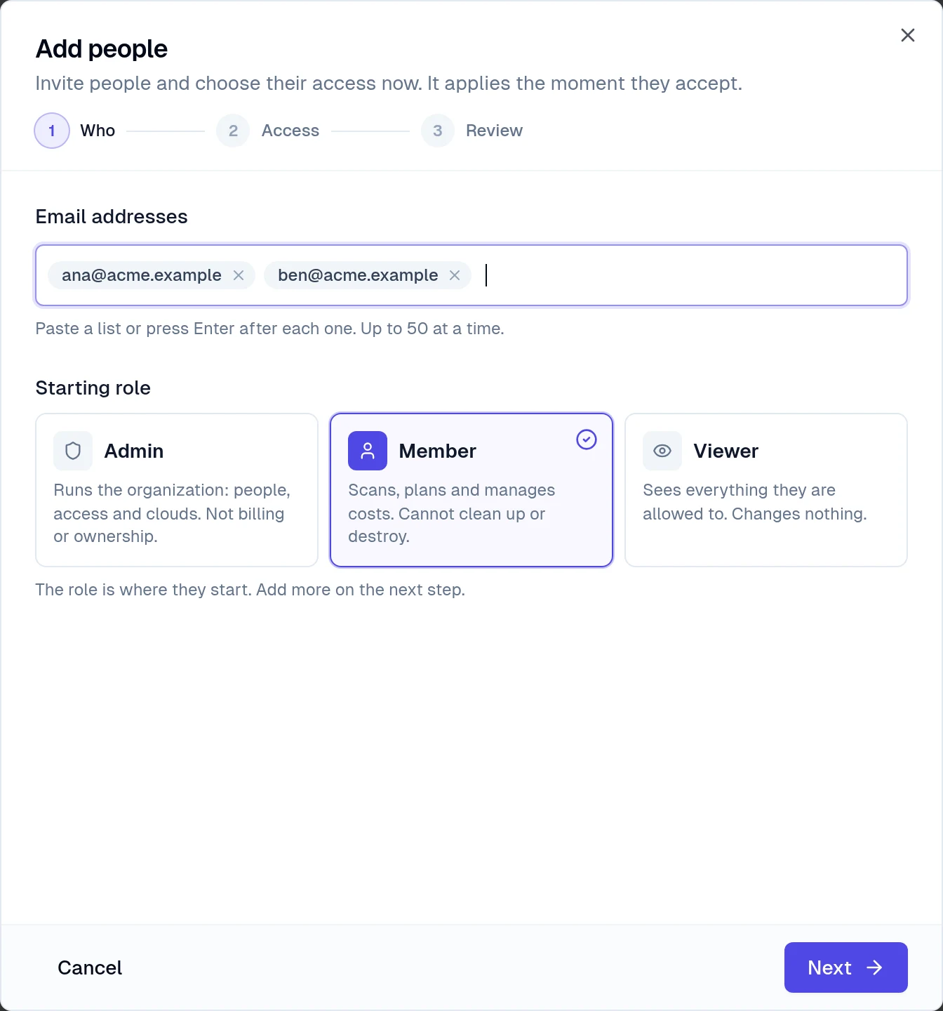 Add people, step Who: two email addresses and the Member starting role