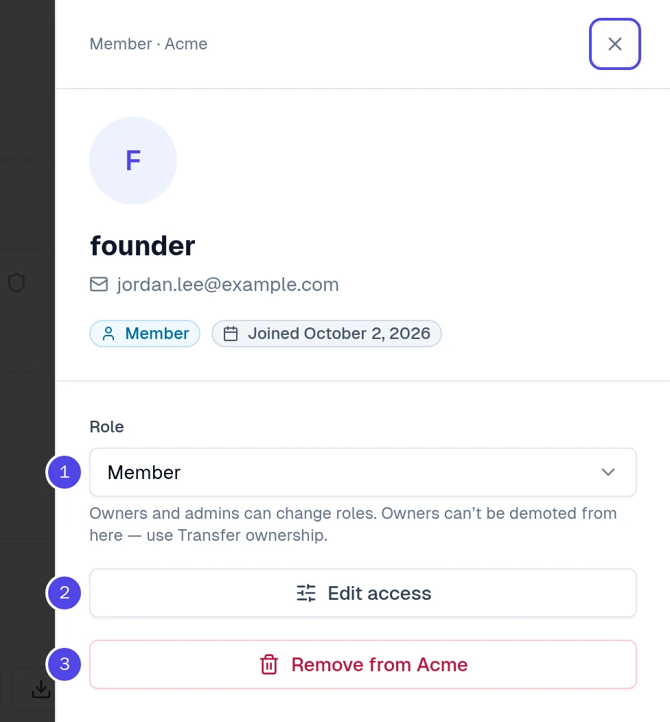 Member panel with Role, Edit access and Remove from Acme