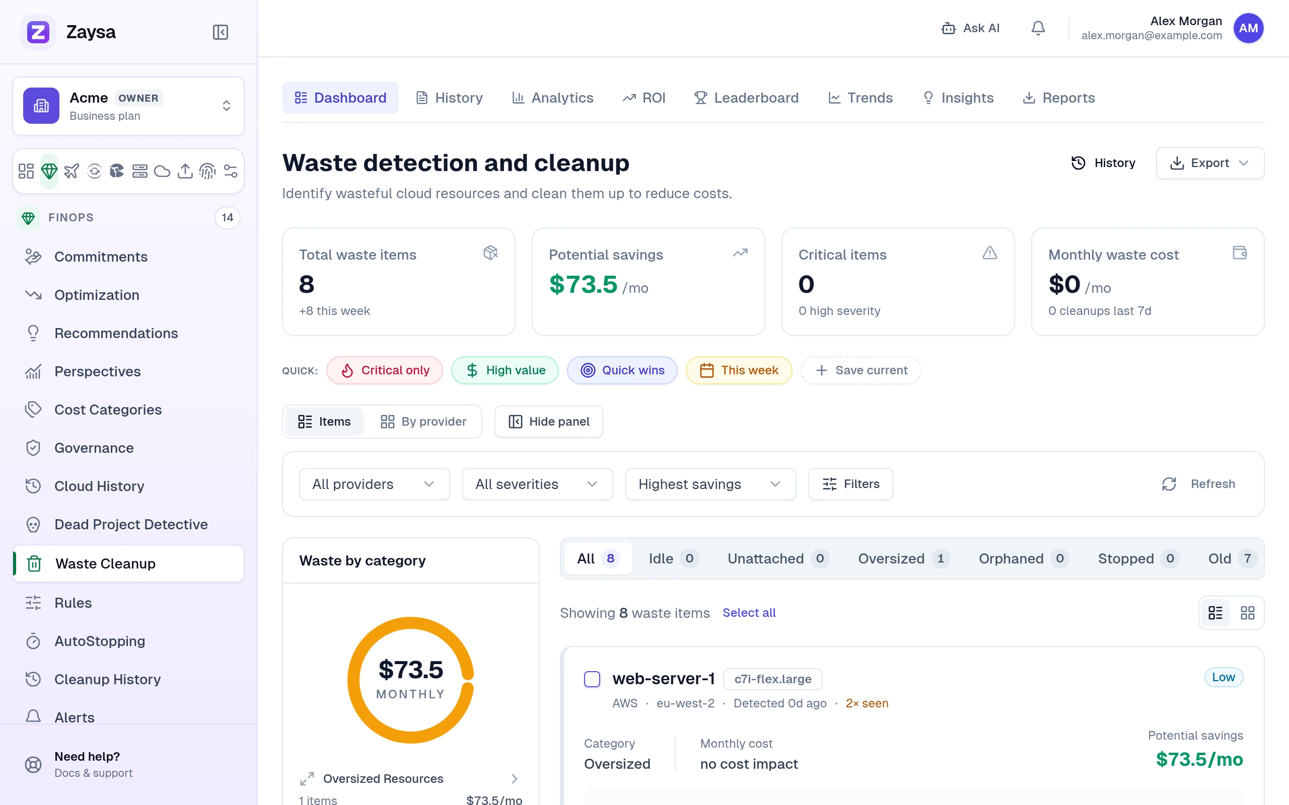Waste overview showing summary cards, quick filters and category tabs